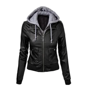 Women’s Black Zip Hooded Leather Jacket