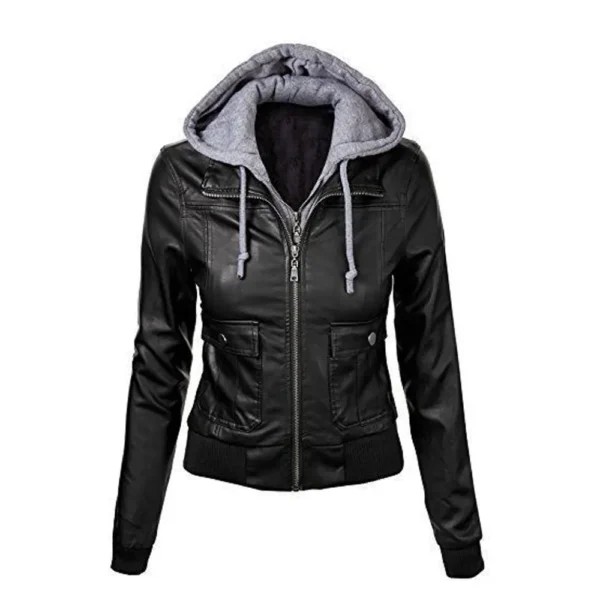 Women Black Zip Hooded Leather Jacket product image from front