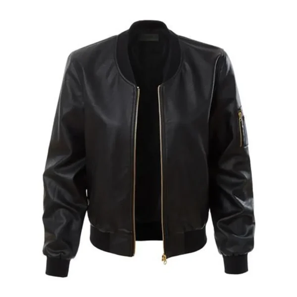 Women Black Zip Leather Bomber Jacket product image from front