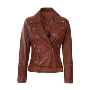 Women’s Brown Belted Motorcycle Leather Jacket