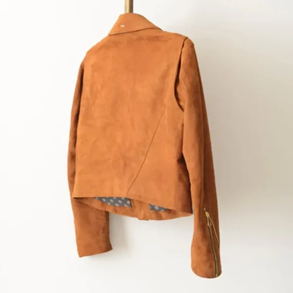 Women Brown Biker Suede Leather Jacket product image from back