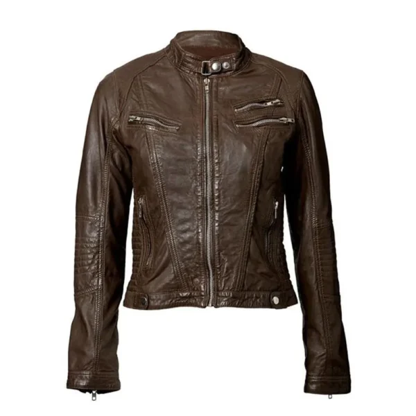 Women Brown Goatskin Leather Jacket product image from front