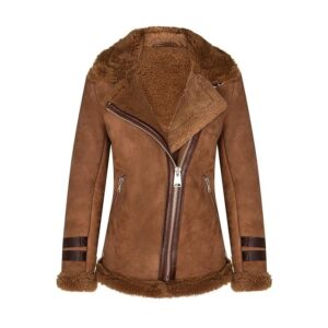 Women’s Brown Shearling Biker Sheepskin Aviator Leather Jacket