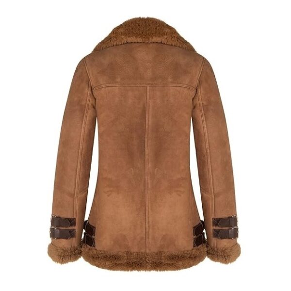 Women-Brown-Shearling-Biker-Sheepskin-Aviator-Leather-Jacket product image from back.