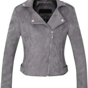 Women’s Grey Zip Suede Biker Leather Jacket