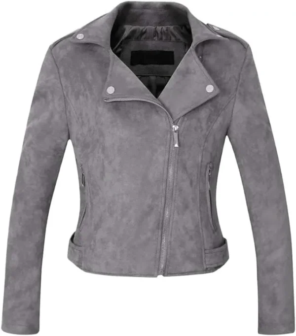 Women Grey Zip Suede Biker Leather Jacket product image from front