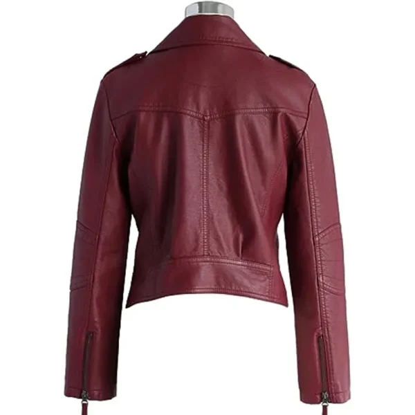 Women Maroon Motorcycle Leather Jacket product image from back