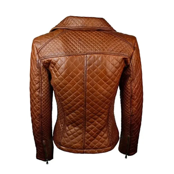 Women Tan Brown Quilted Sheepskin Leather Jacket product image from back