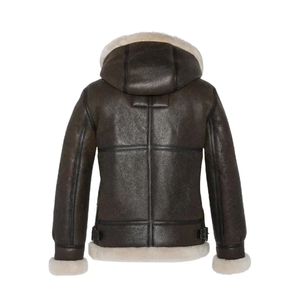 Womens Sheepskin Dark Brown Hooded Bomber Leather Jacket product image from back