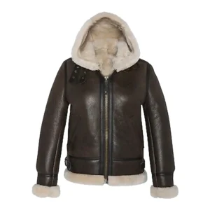 Women’s Sheepskin Dark Brown Hooded Bomber Leather Jacket