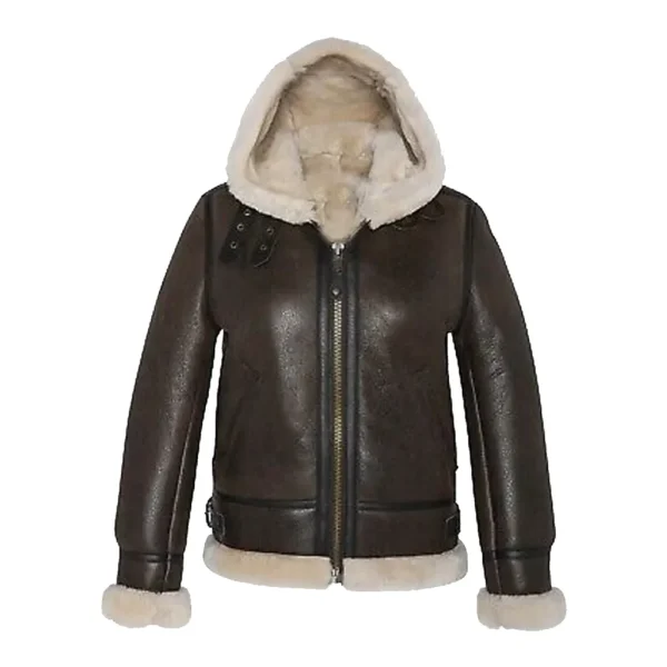 Womens Sheepskin Dark Brown Hooded Bomber Leather Jacket product image from front