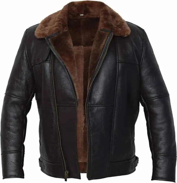 Men Black Aviator Bomber Fur Shearling Sheepskin Leather Jacket from front