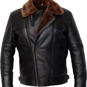 Men’s Black Aviator Bomber Fur Shearling Sheepskin Leather Jacket