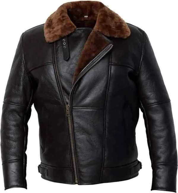 Men Black Aviator Bomber Fur Shearling Sheepskin Leather Jacket from front