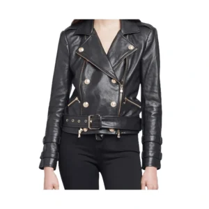 Women’s Black Biker Belted Leather Jacket