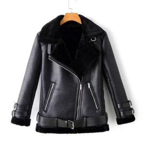 Women’s Black Fur Aviator Leather Jacket