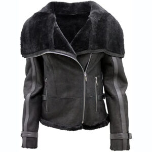 Women’s Black Shearling Sheepskin Aviator Leather Biker Jacket