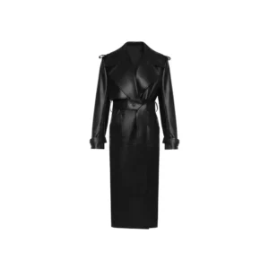 Women’s Black Double Breasted Belted Leather Coat