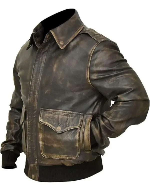 A-2 G-1 Brown Bomber Aviator Distressed Air Force Flight Leather Jacket Men product image from side.