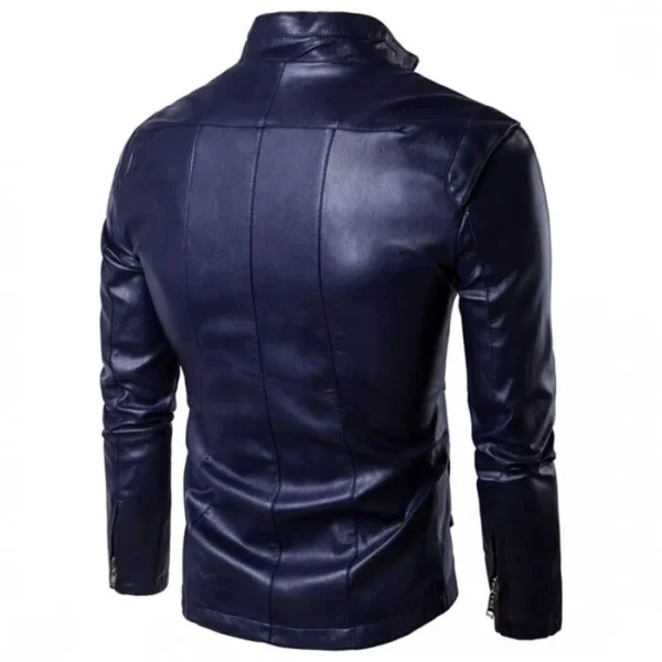 Men Vintage Blue Lambskin Motorcycle Bomber Leather Jacket product image from back