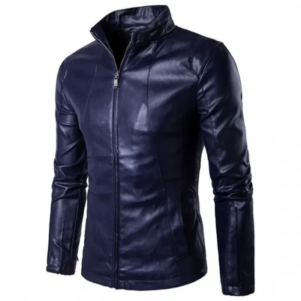 Men Vintage Blue Lambskin Motorcycle Bomber Leather Jacket Productimage from front