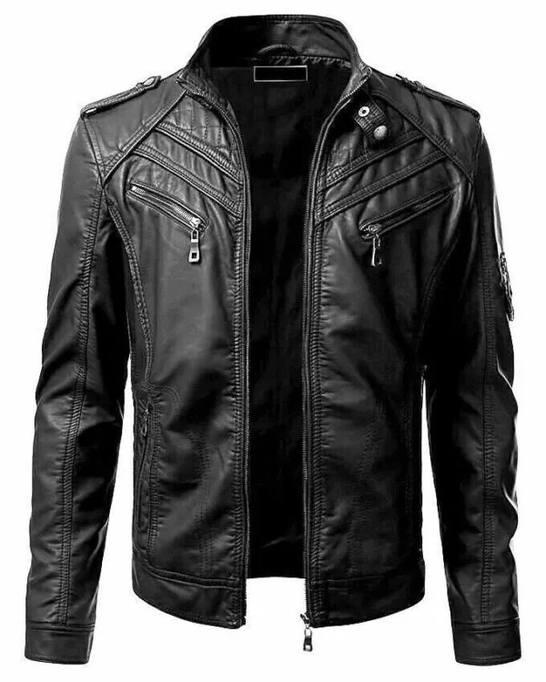 Men Biker Lambskin Leather Jacket Product Image from front