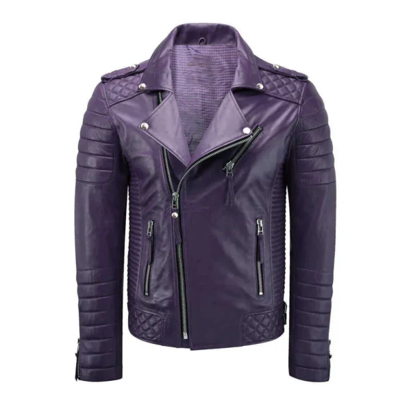 Men Motorcycle Café Racer Bomber Purple Biker Leather Jacket prouct image from front.