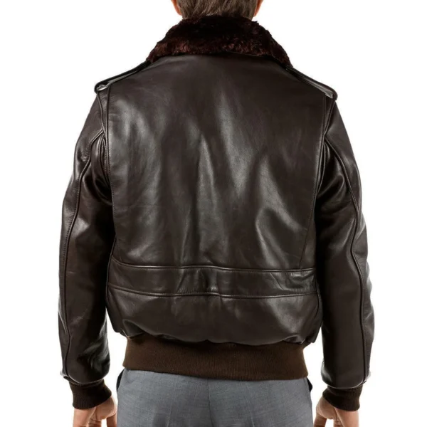 back image of a guy wearing Men’s G-1 Aviator A-2 Bomber Navy Flight Real Brown Sheepskin Leather Fur Jacket