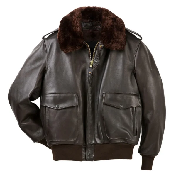 Men’s G-1 Aviator A-2 Bomber Navy Flight Real Brown Sheepskin Leather Fur Jacket PRODUCT IMAGE FROM FRONT