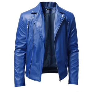 Men’s Cafe Racer Sheepskin Blue Leather Jacket