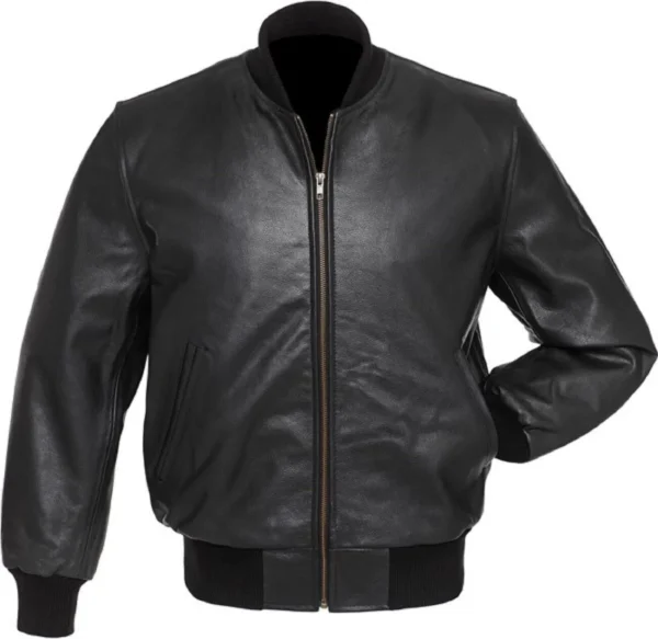 Men Black Zipper Bomber Leather Jacket front